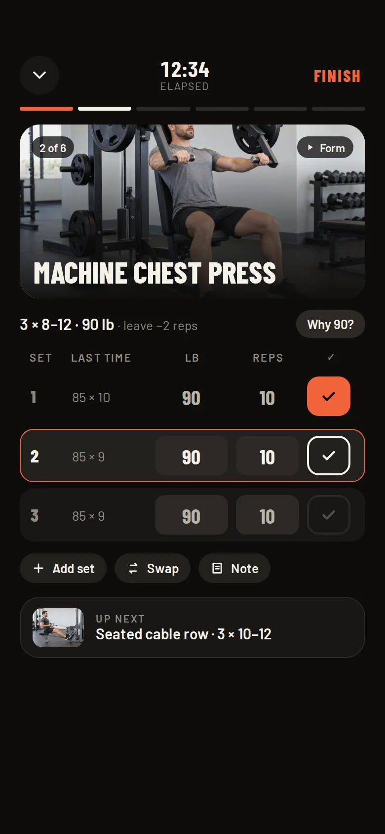 Veryvo workout player: machine chest press with today's weight and reps pre-filled and a check button for each set